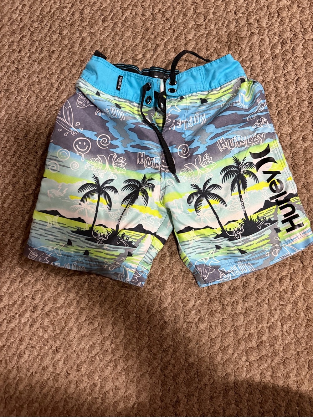 Hurley Boys Turquoise Blue & Lime Palm Print Swim Trunks
